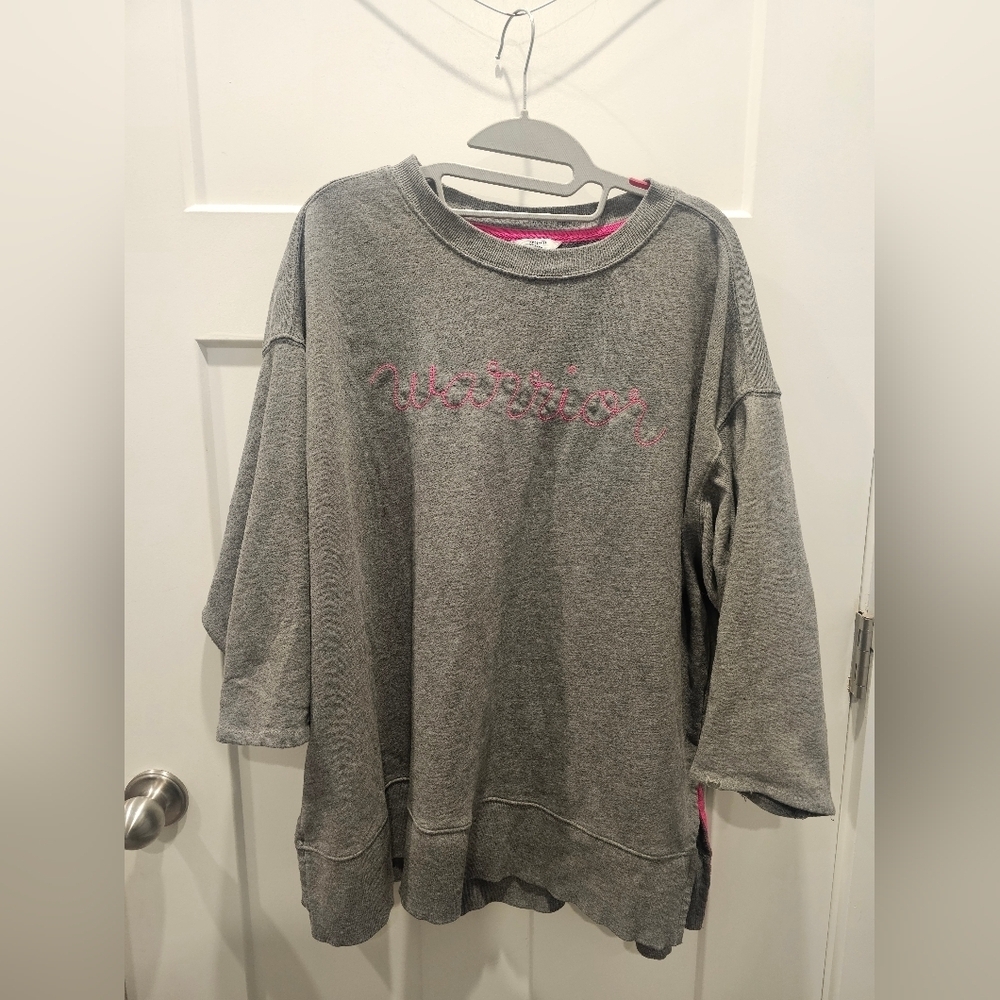 Crown & Ivy Plus 1X Gray Oversized Sweatshirt “Warrior” Embroidered Pink Script